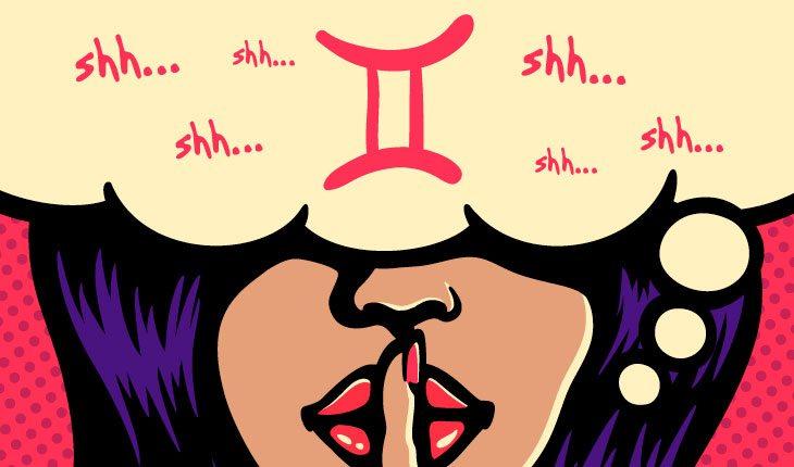 ilustração em pop art de uma mulher morena, de batom vermelho, com o dedo na boca em sinal de silêncio e os olhos cobertos por um balão de pensamento com símbolos do signo de gêmeos