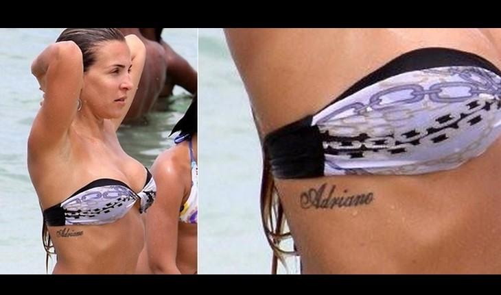 A modelo Joana Machado mostra tatuagem feita para o jogador Adriano