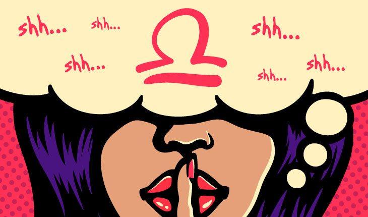 ilustração em pop art de uma mulher morena, de batom vermelho, com o dedo na boca em sinal de silêncio e os olhos cobertos por um balão de pensamento com símbolos do signo de libra