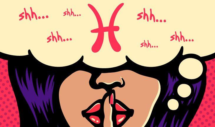 ilustração em pop art de uma mulher morena, de batom vermelho, com o dedo na boca em sinal de silêncio e os olhos cobertos por um balão de pensamento com símbolos do signo de peixes