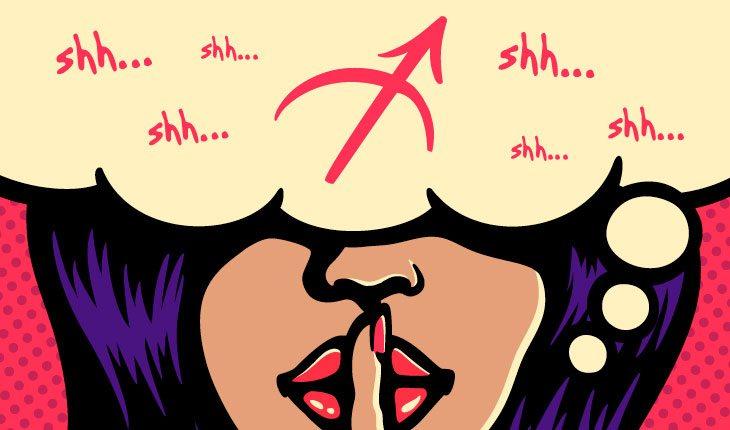 ilustração em pop art de uma mulher morena, de batom vermelho, com o dedo na boca em sinal de silêncio e os olhos cobertos por um balão de pensamento com símbolos do signo de sagitário