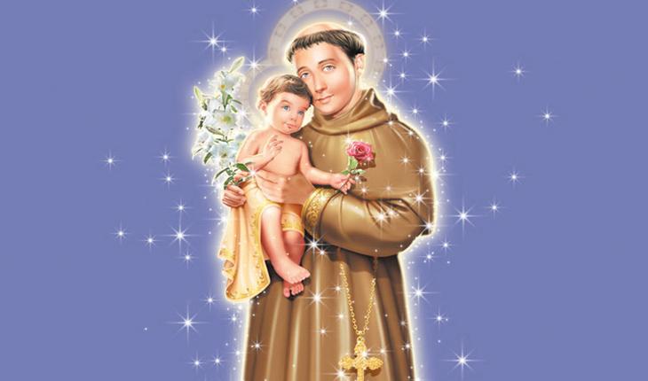 Imagem ilustrativa de capa da matéria sobre a história de santo Antônio com a figura dele segurando o menino Jesus