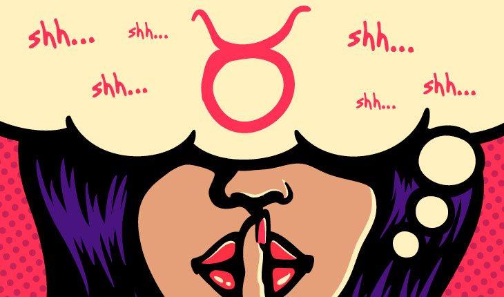 ilustração em pop art de uma mulher morena, de batom vermelho, com o dedo na boca em sinal de silêncio e os olhos cobertos por um balão de pensamento com símbolos do signo de touro