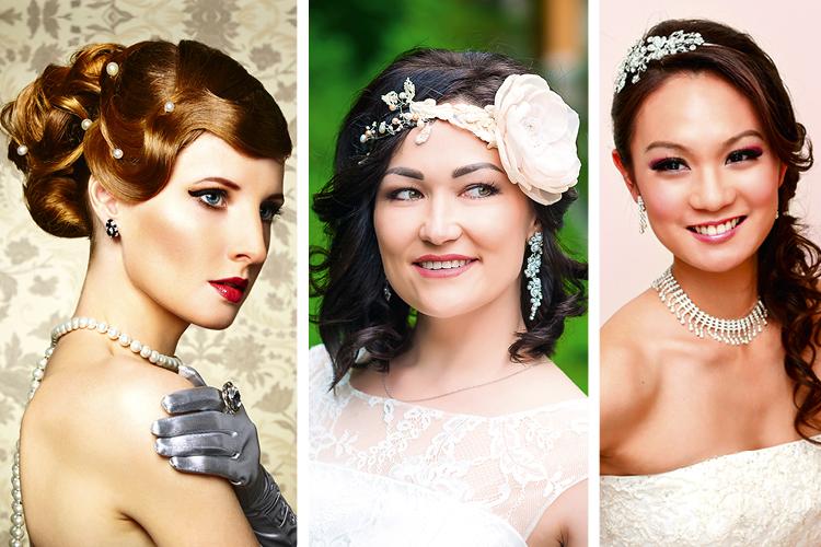 Três noivas com acesssórios de pontos de luz, headband e tiara