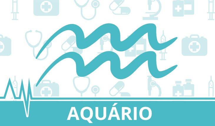 imagem nas cores branco e verde água com ilustrações ao fundo que remetem à área da saúde e o símbolo do signo de aquário