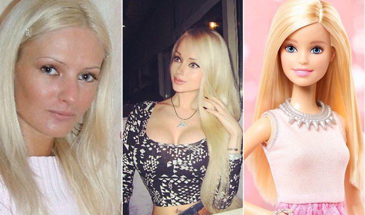 3 fotos, sendo uma de Valeria Lukyanova antes das cirurgias, uma depois e uma imagem da Barbie