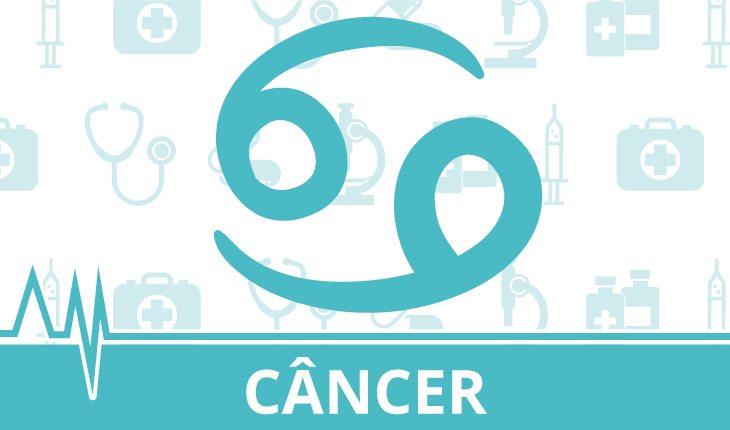 imagem nas cores branco e verde água com ilustrações ao fundo que remetem à área da saúde e o símbolo do signo de câncer