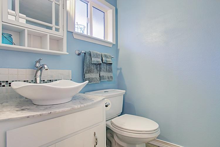 Banheiro, decorado, privada, pia, paredes azuis