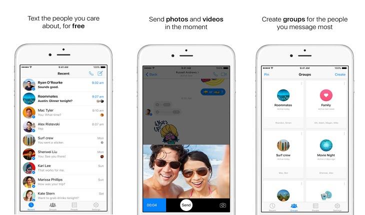 print de três telas de um smarpthone apple com imagens do aplicativo de mensagens messenger