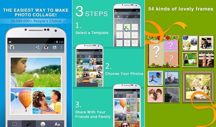 print de três telas de um smartphone android com imagens do aplicativo editor de fotos e montagens para fazer montagens e postar no instagram