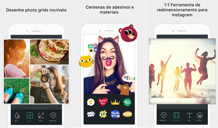 print de três telas de um smartphone android com imagens do aplicativo photogrid para fazer montagens e postar no instagram