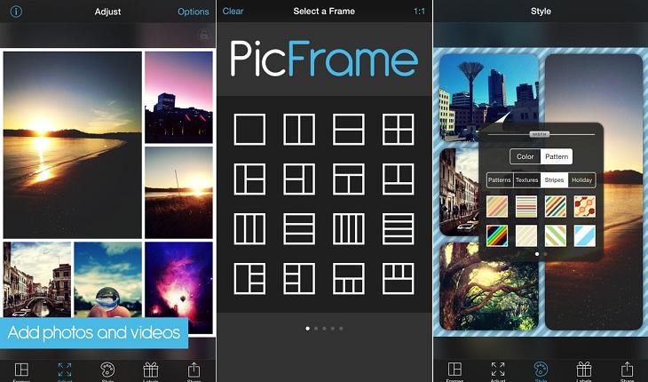 print de três telas de um smartphone apple com imagens do aplicativo picframe para fazer montagens e postar no instagram