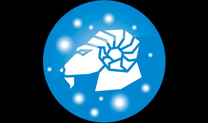 Na imagem há o símbolo do signo de Áries (carneiro com chifres curvados) em um círculo azul com o desenho em branco.