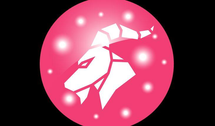 Na imagem há o desenho o signo de Capricórnio (animal com chifre pontudo) em branco com o fundo sendo um círculo rosa.