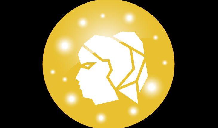 Na imagem há o símbolo do signo de Virgem (rosto de uma mulher) em branco em um fundo amarelo em formato circular.