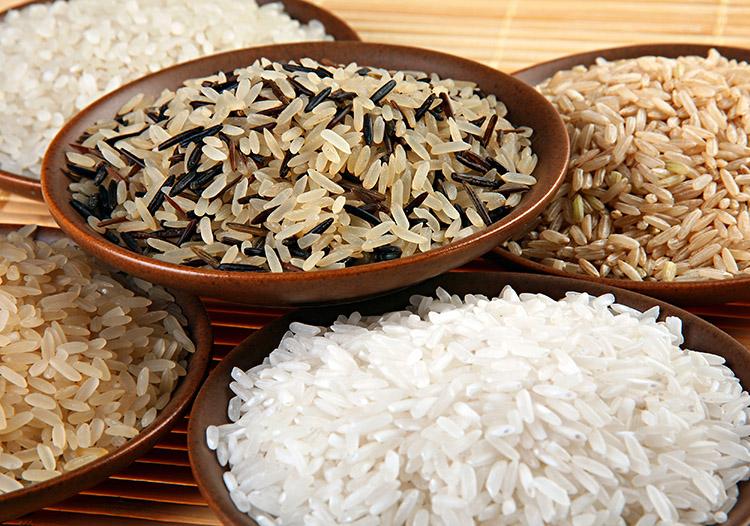 Diversos tipos de arroz em cumbucas.
