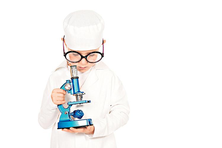microscópio óptico, azul, garoto, cientista
