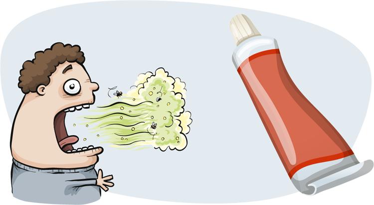ilustração de uma pessoa com mau hálito e uma pasta de dentes