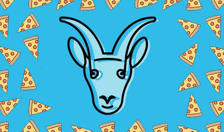 imagem com fundo azul e ilustações de pedaços de pizza e do signo de capricórnio