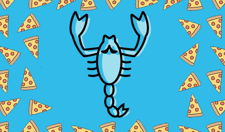 imagem com fundo azul e ilustações de pedaços de pizza e do signo de escorpião