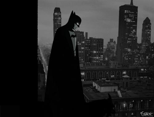 Batman em preto e branco em Gotham City