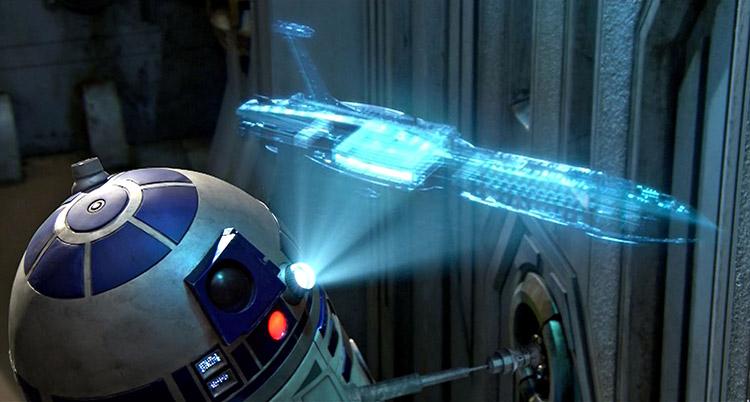 Holograma no filme Star Wars reproduzido por r2-d2