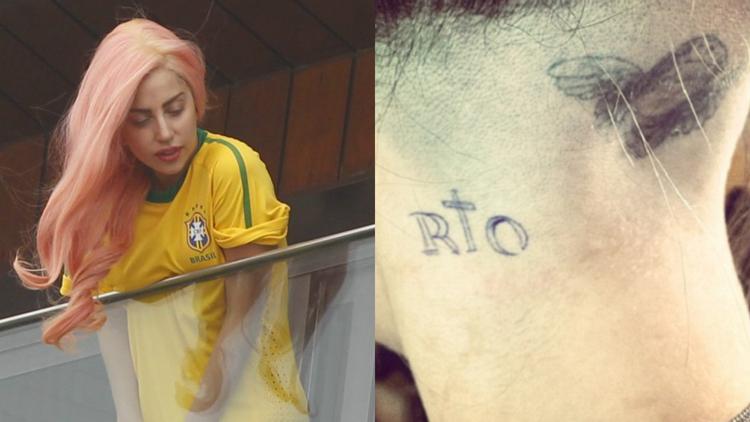 Lady Gaga no Brasil e mostrando sua tatuagem ao Rio