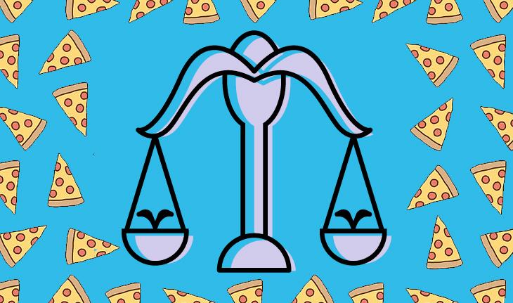 imagem com fundo azul e ilustações de pedaços de pizza e do signo de libra