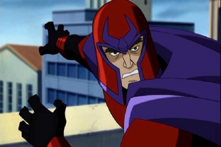 o vilão Magneto com seu capacete e capa roxa e roupa vermelha