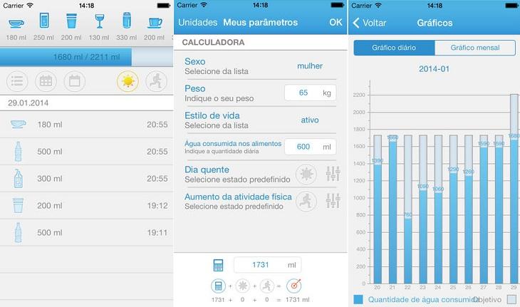 print de tela smartphone apple aplicativos controlar a saúde hydro beba água