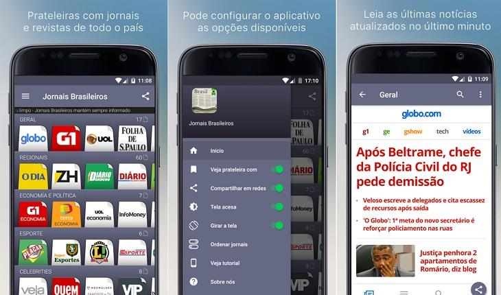 print de três telas de um smartphone android com imagens do aplicativo jornais brasileiros