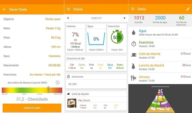 print de três telas de um smartphone android com imagens do aplicativo tecno nutri controlar a dieta