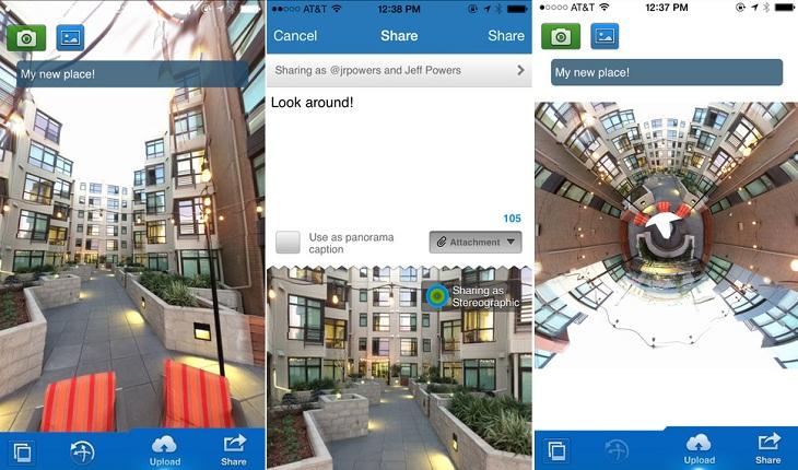 print de três telas de um smartphone apple com imagens do aplicativo 360panorama