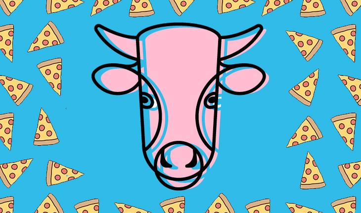 imagem com fundo azul e ilustações de pedaços de pizza e do signo de touro