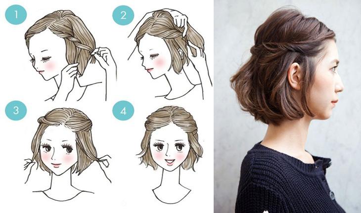 De um lado, instruções em ilustração de como fazer um penteado para esse tipo de rosto. Do outro, foto de de uma moça usando o penteado