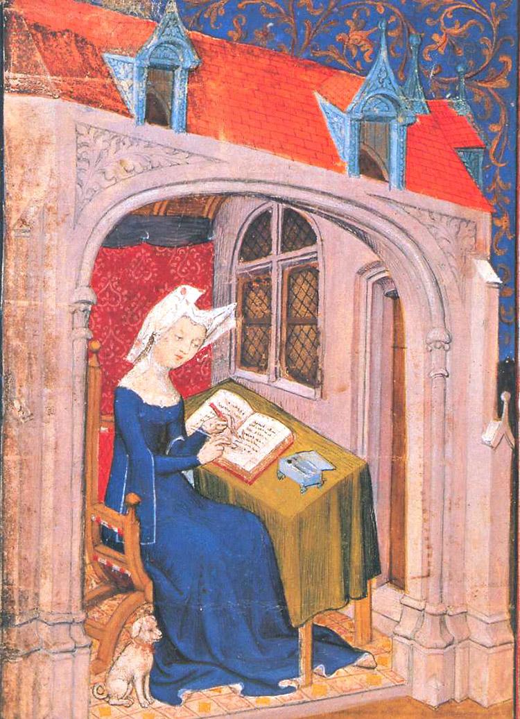 Cristina de Pisano, poetisa, feminista, precursora, vestido azul, pintura medieval