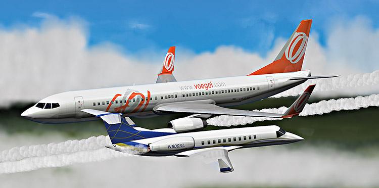ilustração, aviões, choque entre aeronaves