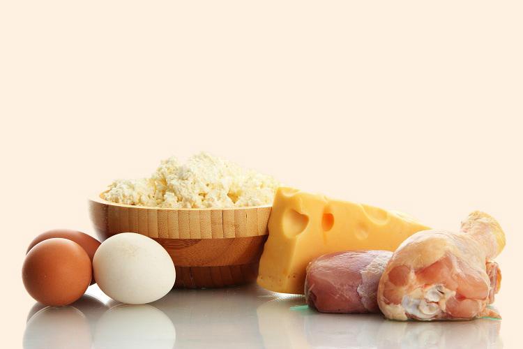 Ovos, queijo, coxas de frango, comidas com proteÌnas