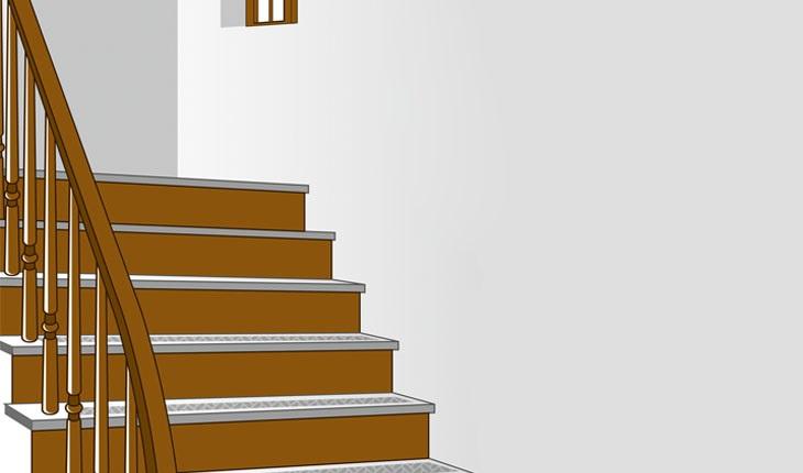 Na ilustração há uma escada marrom de madeira com corrimão