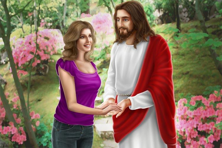Ilustração de Jesus Cristo segurando a mão de uma mulher, representando a oração Conversa com Jesus