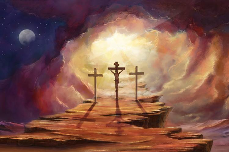 Ilustração de três cruzes com o céu escuro. Jesus está na do meio