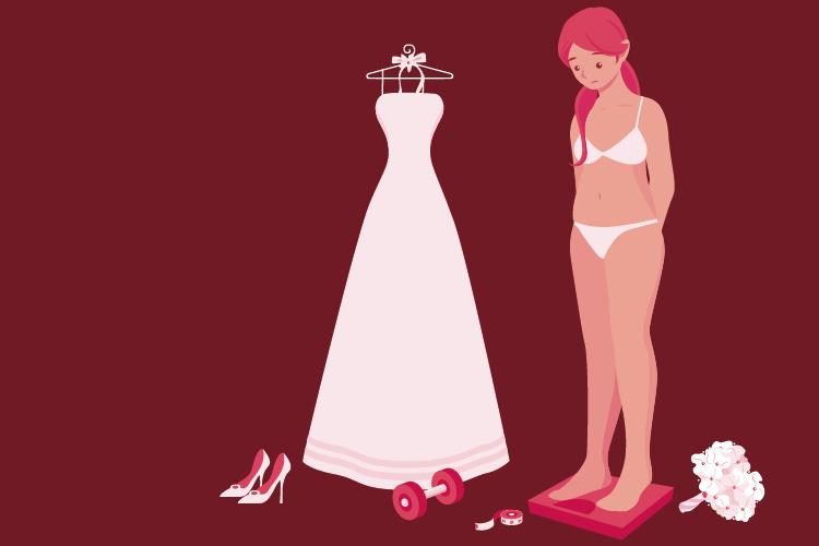 dieta da noiva: mulher se pesando ao lado do vestido de noiva