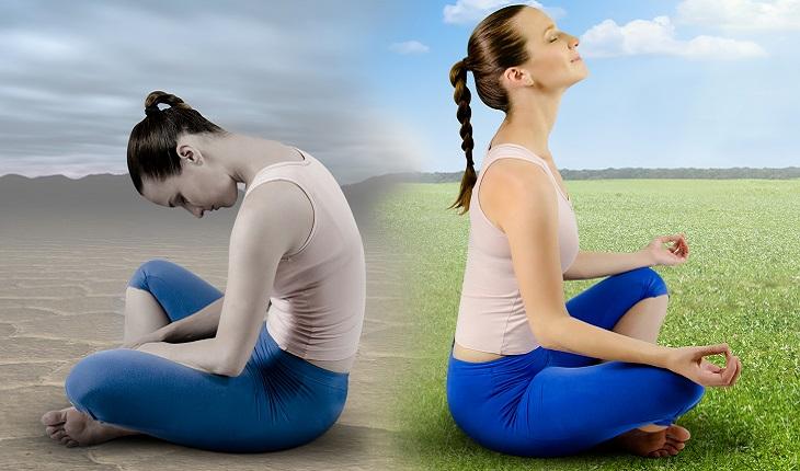 A foto mostra uma comparação entre uma mulher que não faz meditação e está triste e outra que pratica e está tranquila