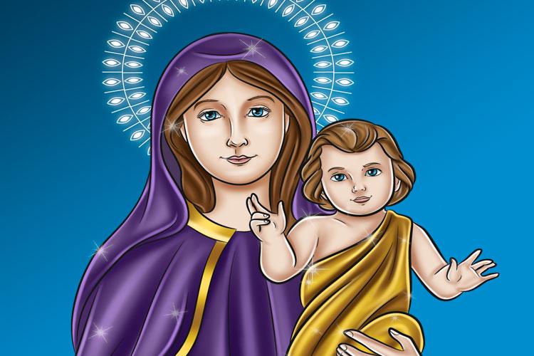 Nossa Senhora da Saúde com um manto roxo e uma criança nos braços. Fundo azul.