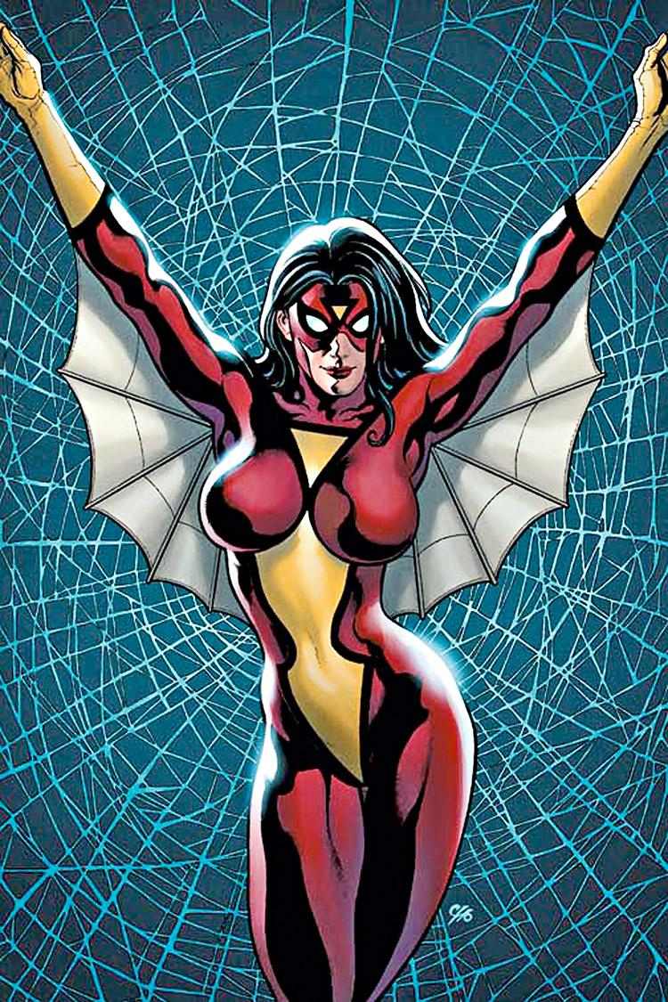imagem da heroína mulher aranha com seu uniforme sensual vermelho e amarelo
