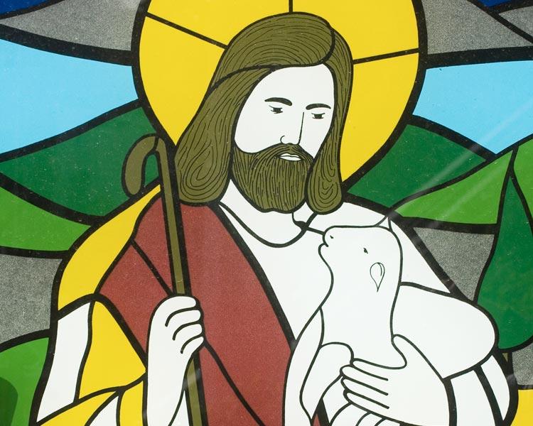 Vitral de Jesus com um cajado segunda ovelha