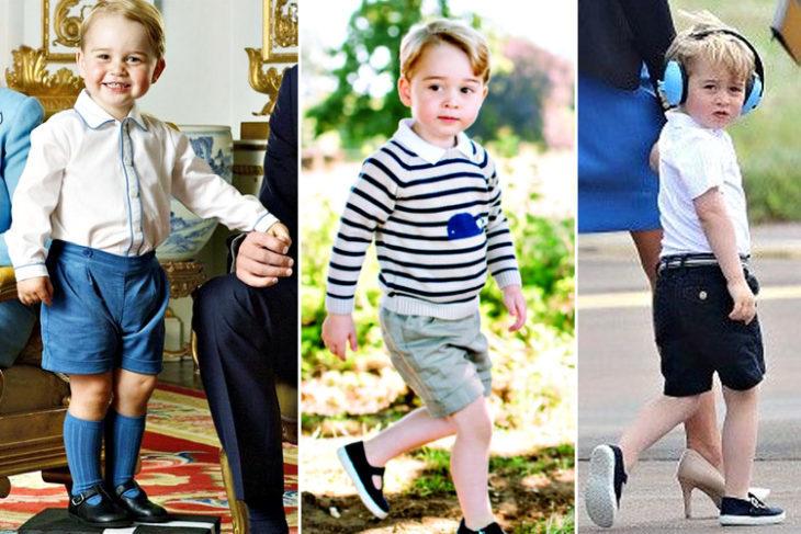 Três fotos do Príncipe George mostrando suas roupas, compostas por shorts e blusa em tons de azul e branco