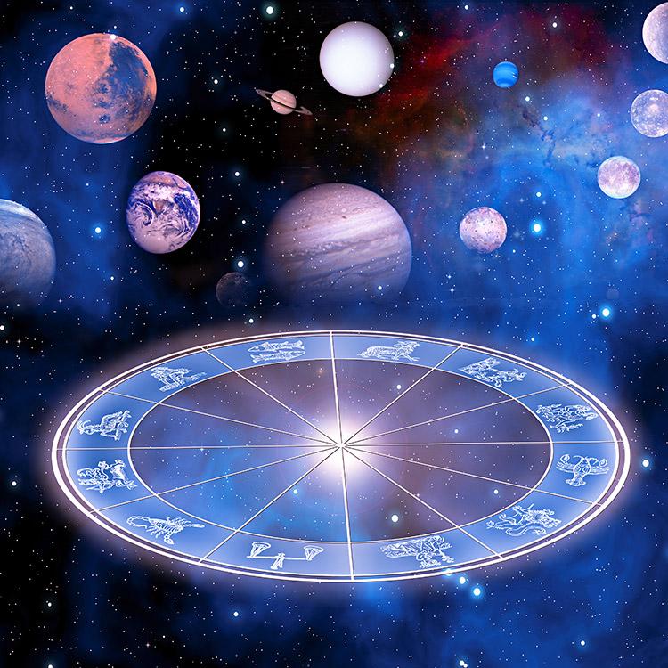 roda dos signos com vários planetas e universo de fundo
