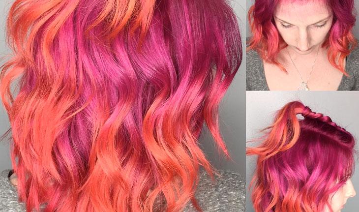 cabelo sunset nas cores rosa, vermelho e laranja