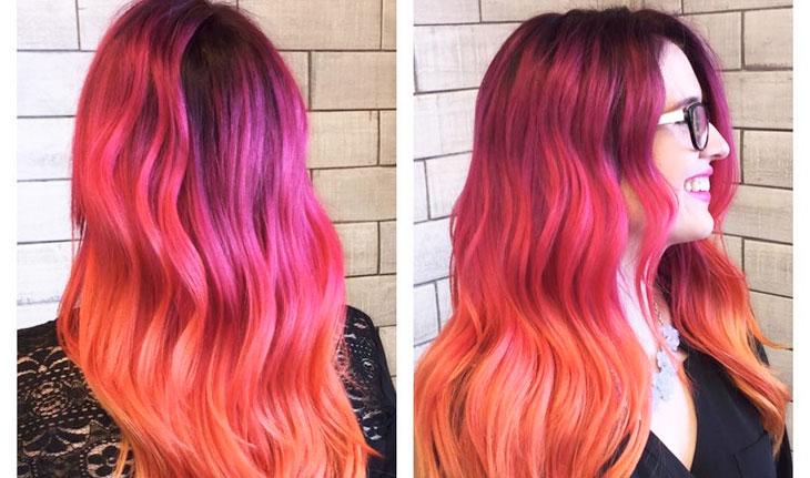 cabelo sunset nas cores roxo, vermelho, rosa e laranja